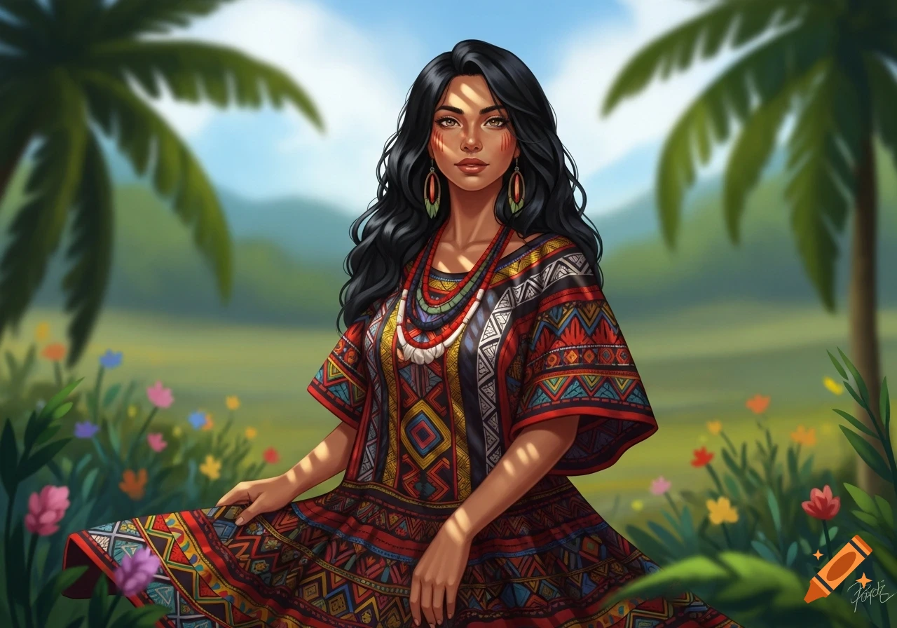 Illustration of a woman with dark hair, tribal face paint, and a colorful patterned dress in a lush tropical field.