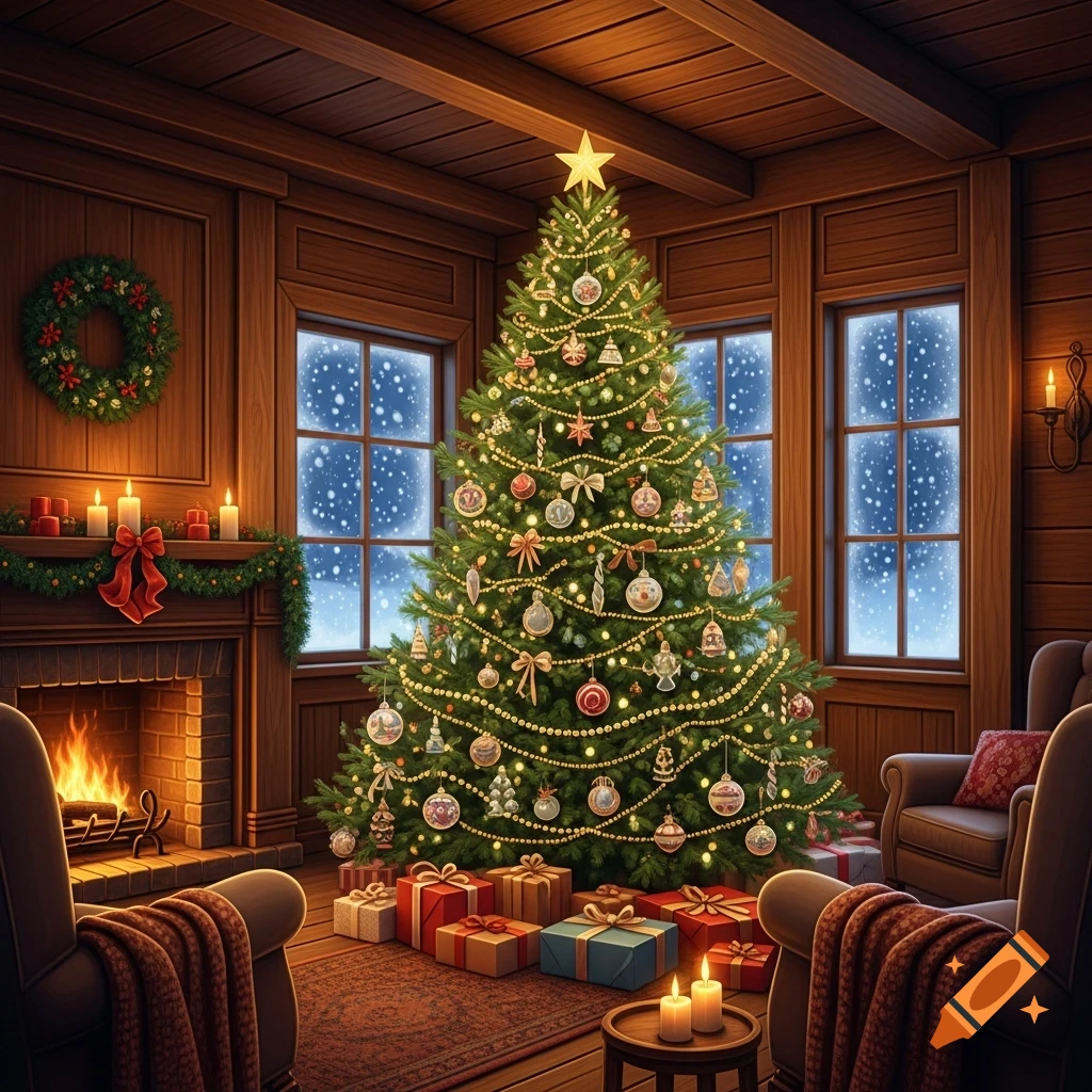 A beautifully decorated Christmas tree with gifts sits in a warm, wood-paneled room with a glowing fireplace and snowy windows.