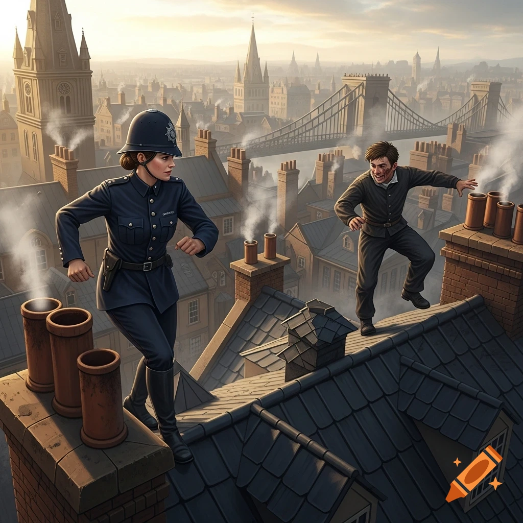 A female police officer pursues a grinning chimney sweeper across foggy Victorian city rooftops at sunrise, with a bridge in the background.