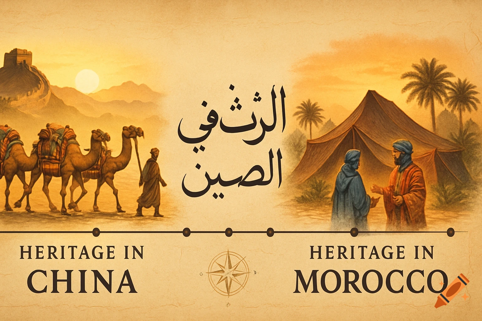 A split graphic comparing heritage in China and Morocco, featuring a Silk Road caravan and the Great Wall on the left, and a Berber tent and people on the right. Text reads "Heritage in China" and "Heritage in Morocco" in English and Arabic.
