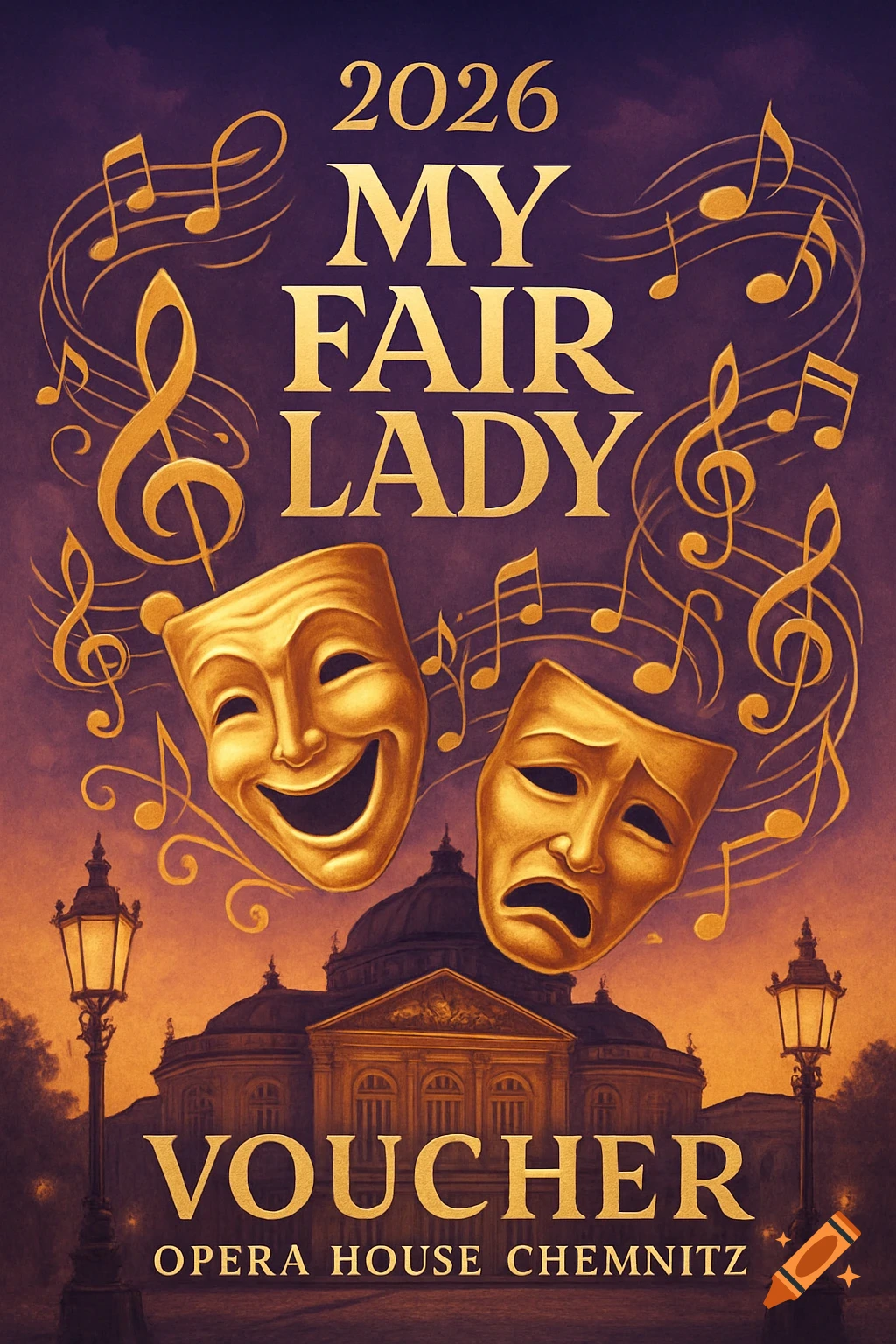 A theatrical poster for My Fair Lady in 2026, featuring golden comedy and tragedy masks, musical notes, and the Opera House Chemnitz.