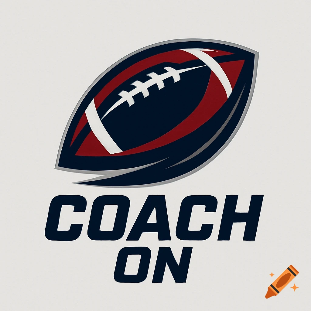 A logo featuring a stylized dark blue and red American football above the bold text "COACH ON".