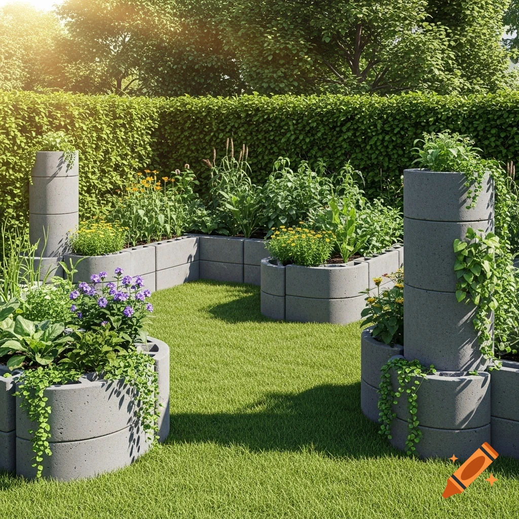 A sunny, realistic backyard garden with concrete cylindrical raised beds and vertical planters filled with plants, flowers, and green grass.