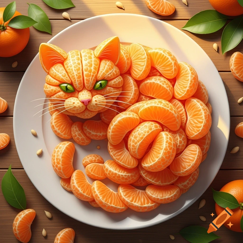 A cat artfully arranged from tangerine segments on a white plate, with loose segments, leaves, and whole tangerines on a wooden table.