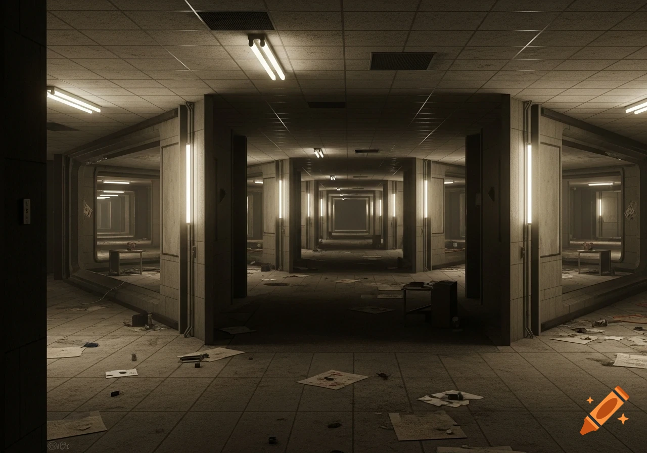 A long, dimly lit, abandoned concrete corridor with flickering fluorescent lights, littered with debris and papers, creating an eerie atmosphere.