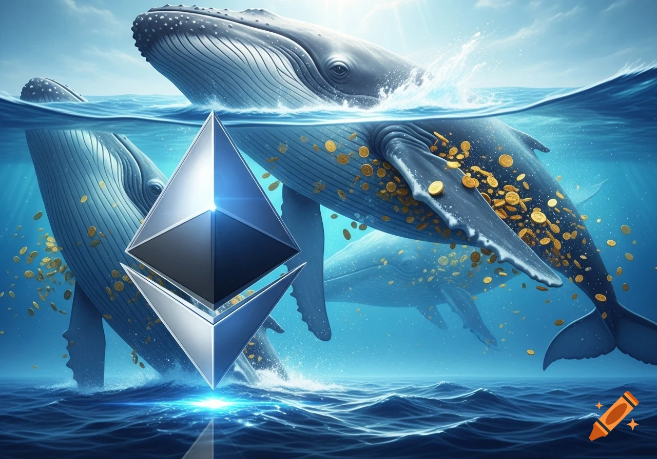 Whales swim in a deep blue ocean with golden coins as a large, glowing Ethereum logo emerges from the water in the foreground.