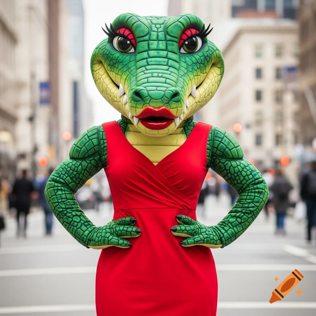 A green crocodile mascot with lipstick and heavy eye makeup, wearing a red v-neck dress, stands with hands on hips on a city street.