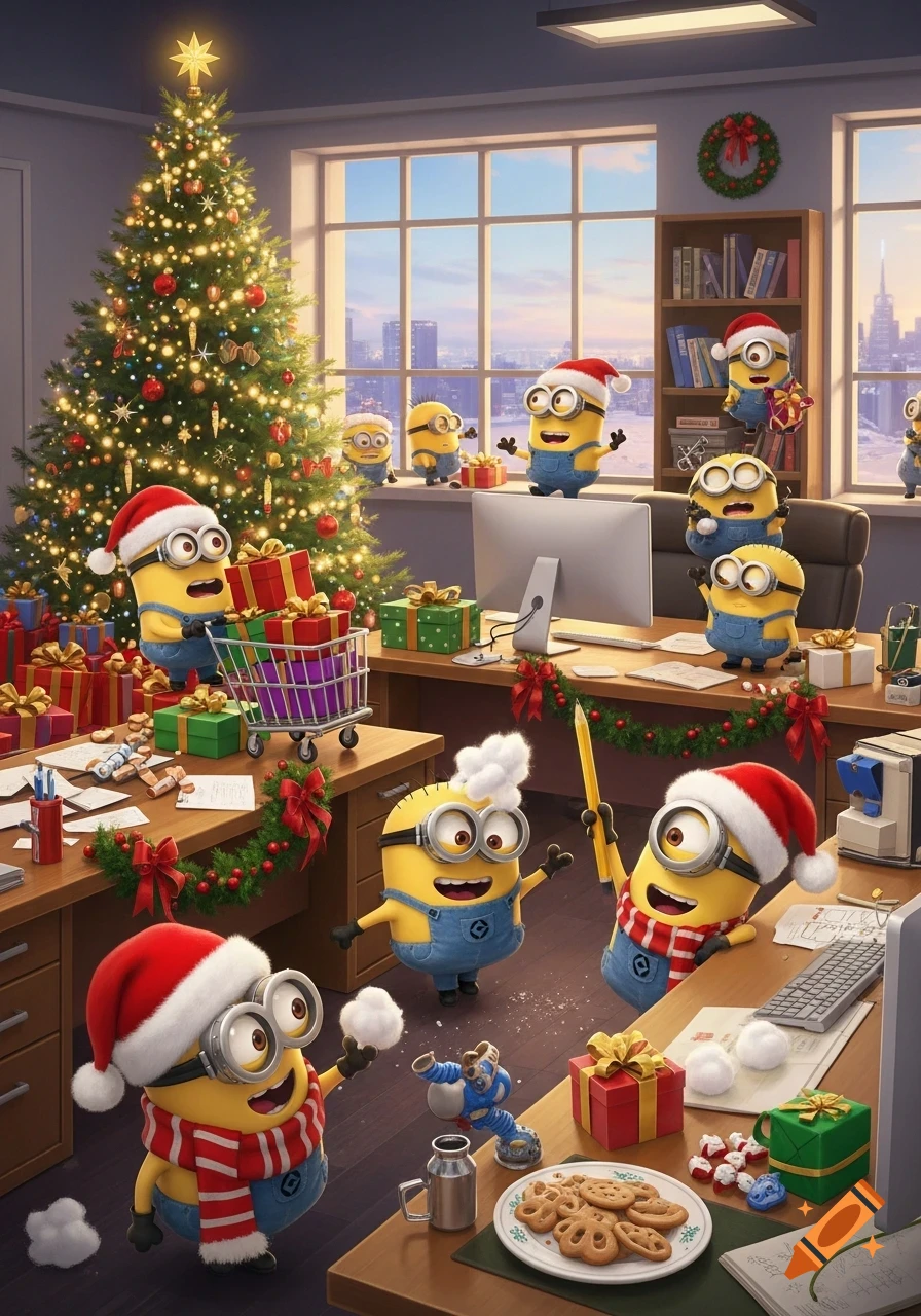 Cartoon Minions in Santa hats celebrate Christmas in an office, surrounded by gifts and a decorated tree with a city skyline view.