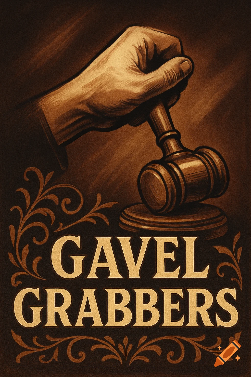 A stylized sepia-toned illustration of a hand holding a gavel over a sign that reads Gavel Grabbers, with decorative flourishes.