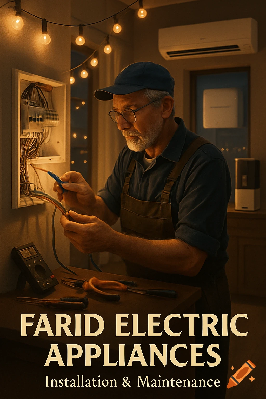 An older male electrician with glasses and a cap works on an electrical panel, with text Farid Electric Appliances Installation & Maintenance.