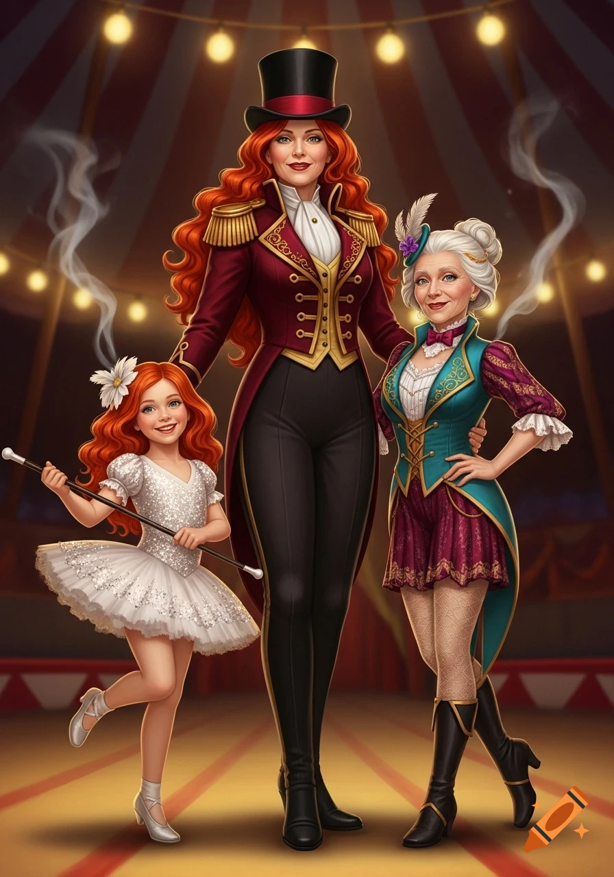 Three red-haired women of different generations, dressed as circus performers, pose under a big top tent with string lights. A young girl in a white tutu holds a baton, a tall woman wears a maroon ringmaster coat and top hat, and an older woman wears a teal and purple costume.