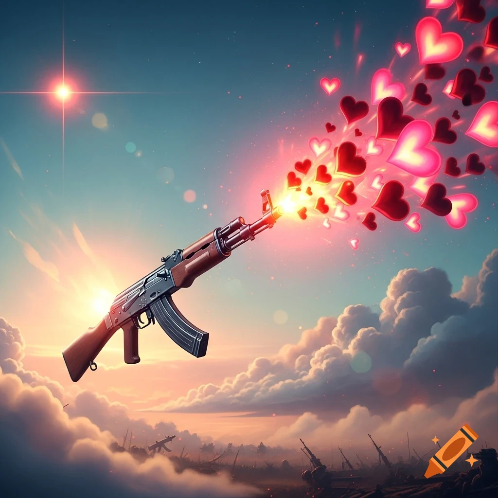 A stylized AK47 rifle fires glowing pink and red hearts into a cloudy, sunset sky above a distant battlefield with weapon silhouettes.