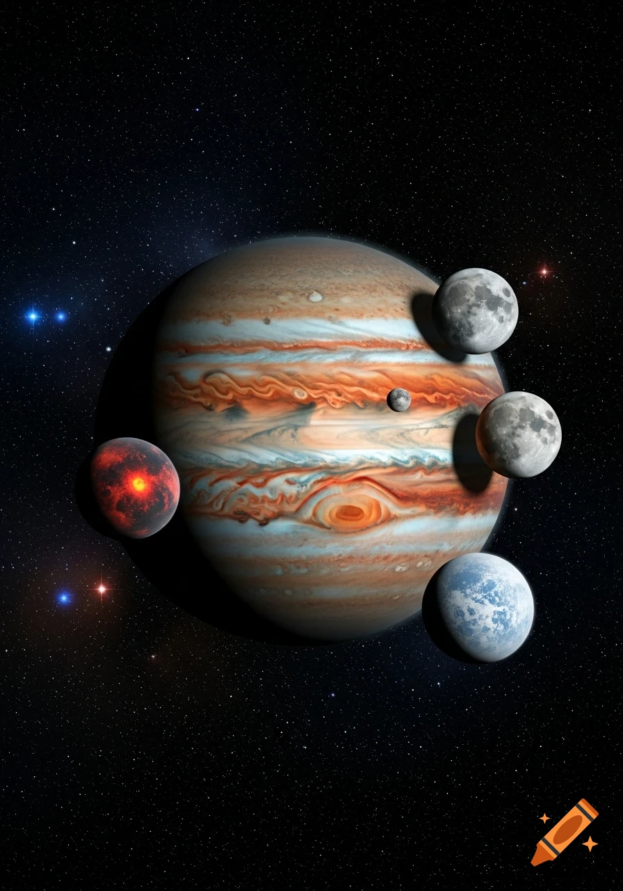 A giant gas planet resembling Jupiter with its various moons orbiting against a starfield.