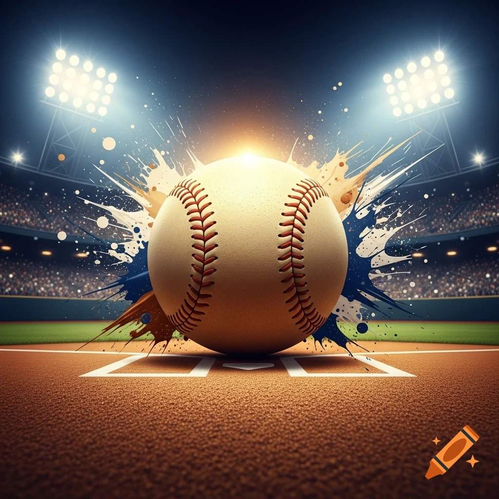 Close-up of a baseball on a dirt field, with stadium lights, a crowded grandstand, and colorful paint splatters behind it.