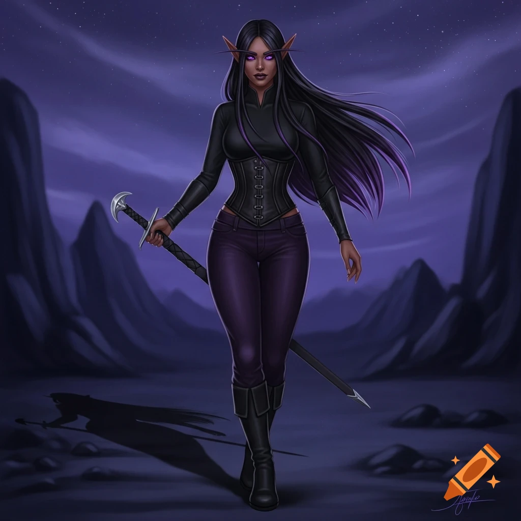 Dark elf woman with long black and purple hair, purple eyes, wearing a black corset, purple pants, and holding a sword in a rocky, starry landscape.