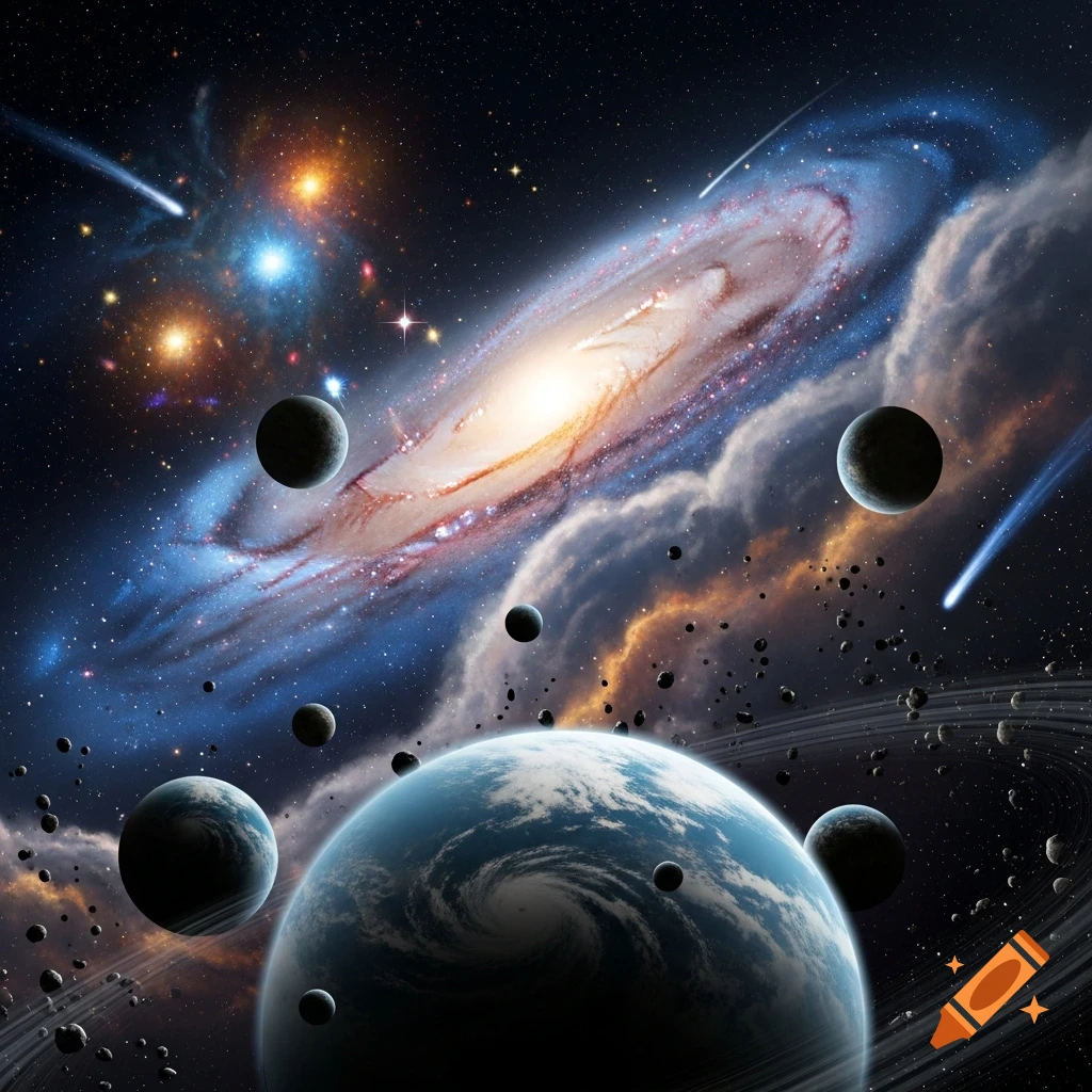 A vibrant cosmic scene featuring a large spiral galaxy, multiple planets, meteorites, and colorful nebulae against a dark, star-filled sky.