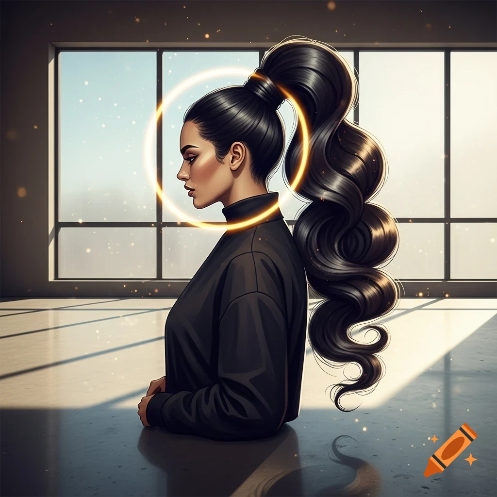 Profile of a woman with a large, wavy high ponytail and a glowing halo, wearing a black turtleneck in a minimalist room.