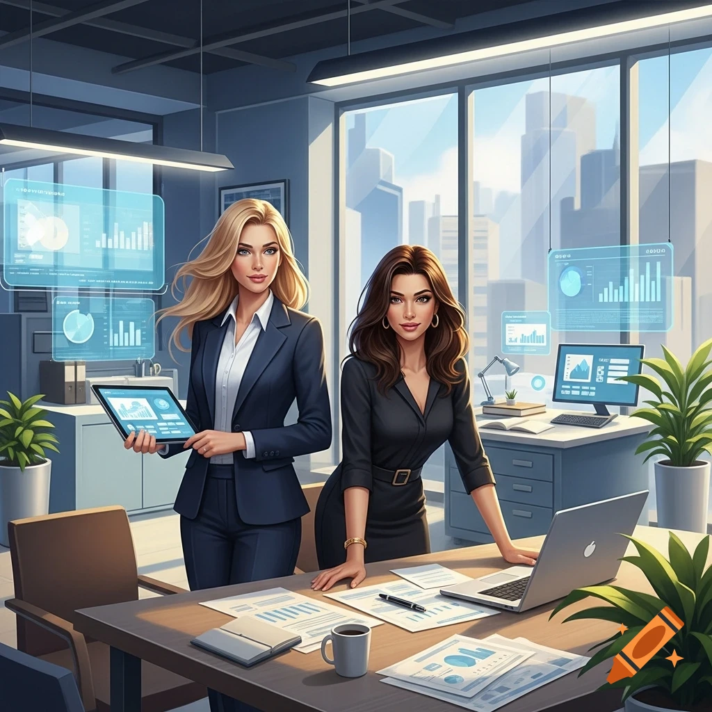 Two confident businesswomen, one blonde and one brunette, stand in a modern office with tech screens and documents.