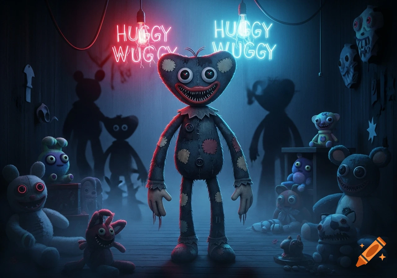 A creepy Huggy Wuggy plush stands in a dark, neon-lit room under red and blue signs, surrounded by other horror plush toys.