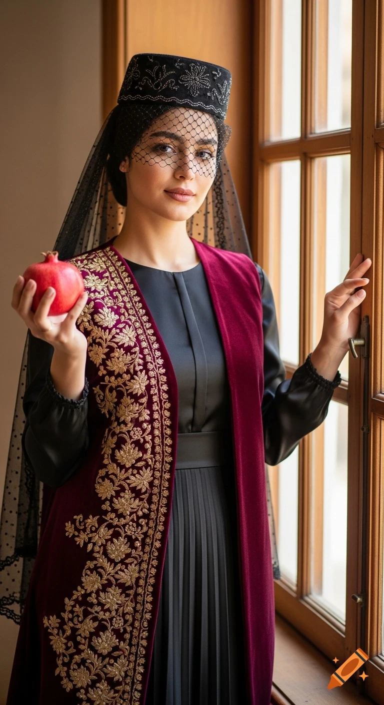 A young Iranian woman in traditional attire, including a black hat, veil, and burgundy embroidered vest, stands by a window holding a pomegranate.