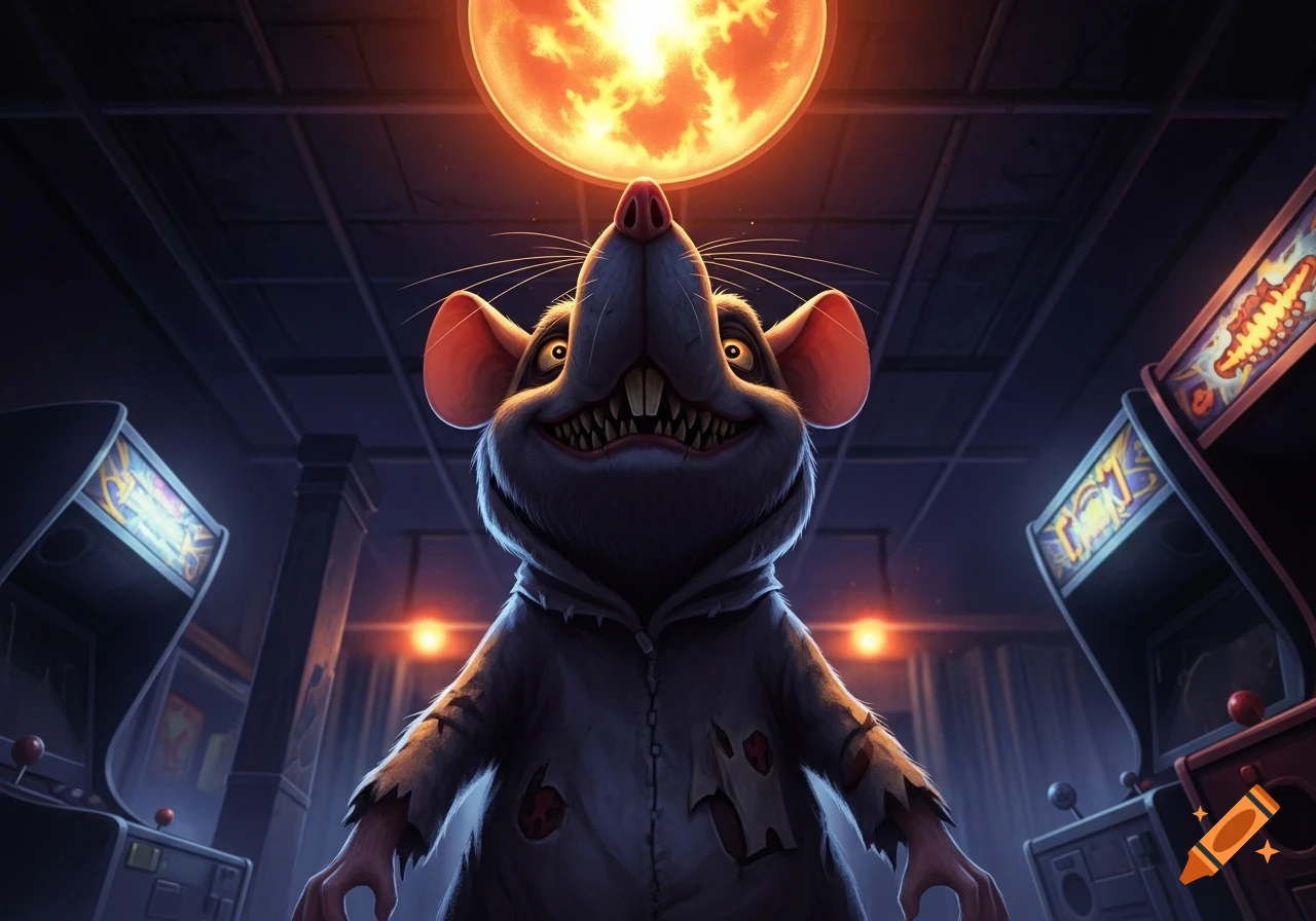 A creepy, ragged rat-like creature with glowing eyes and sharp teeth looks up at the viewer, flanked by arcade machines under a large, glowing orange moon.