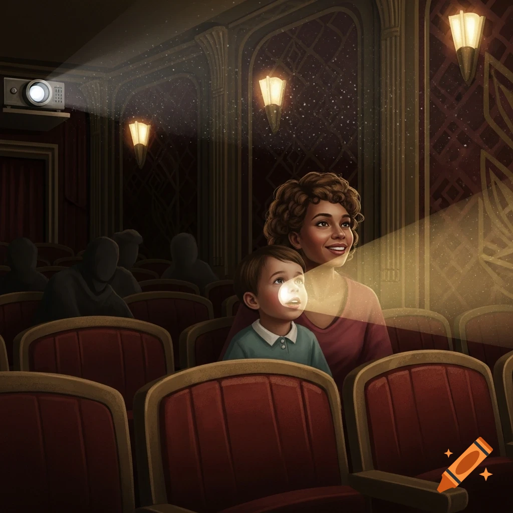 An illustration of a mother and child watching a movie in a dark cinema, illuminated by the projector light.