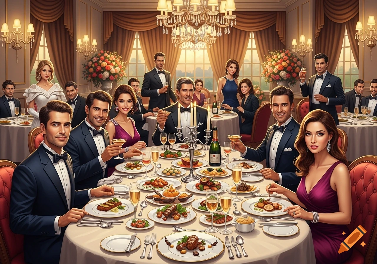 A photorealistic image of a lavish dinner party with elegantly dressed men and women seated at a large, candlelit table laden with various gourmet dishes in a luxurious dining room.