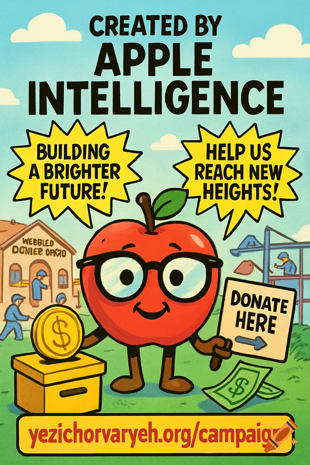 A cartoon poster features an apple character with glasses next to a donation box and a sign pointing to "DONATE HERE." Text at the top reads "CREATED BY APPLE INTELLIGENCE," and speech bubbles say "BUILDING A BRIGHTER FUTURE!" and "HELP US REACH NEW HEIGHTS!". A building and construction are in the background, and a URL is at the bottom.