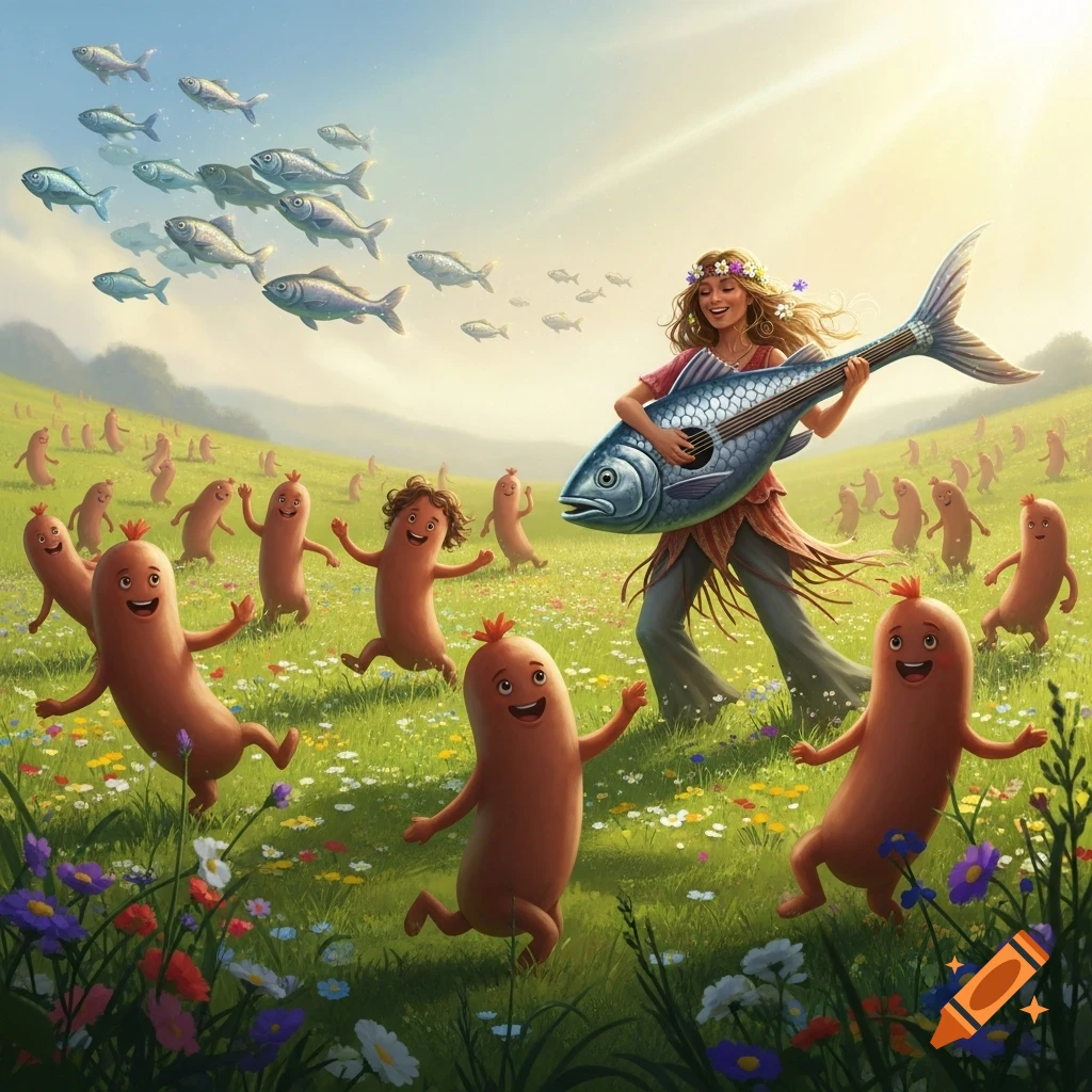 Cartoon sausage people dance in a sunny, flowery field. A hippie woman plays a fish-guitar while schools of fish fly in the sky.