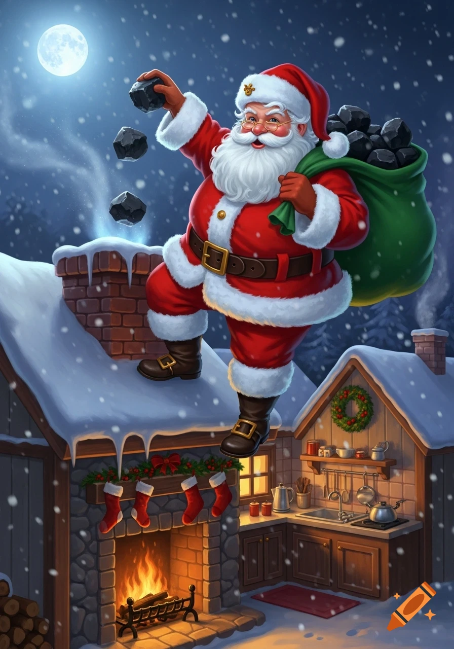 Jolly Santa Claus on a snowy rooftop at night, dropping coal down a chimney, with a festive fireplace and kitchen visible below.
