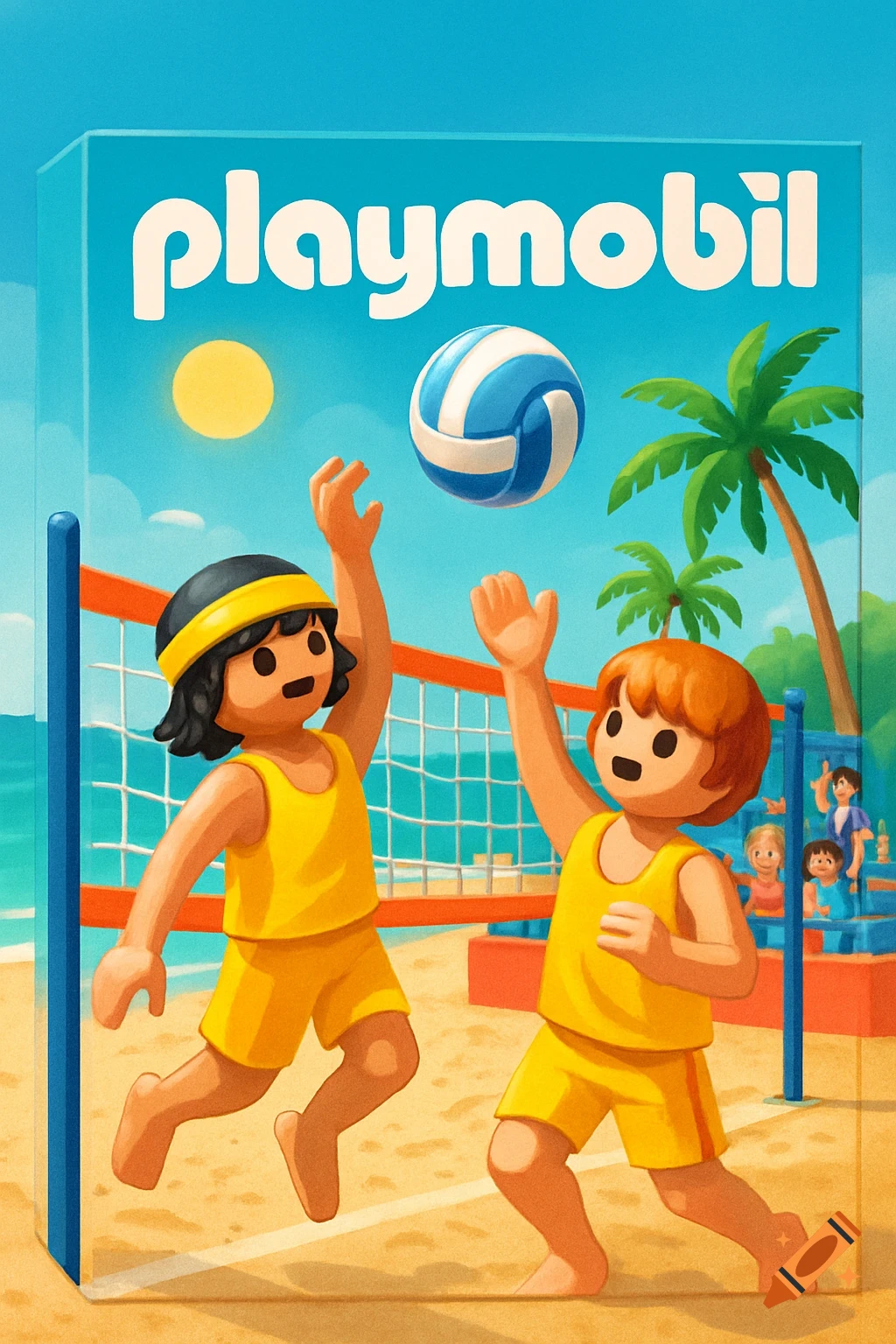 Playmobil box art featuring two figures in yellow playing beach volleyball on a sunny beach with palm trees and spectators.