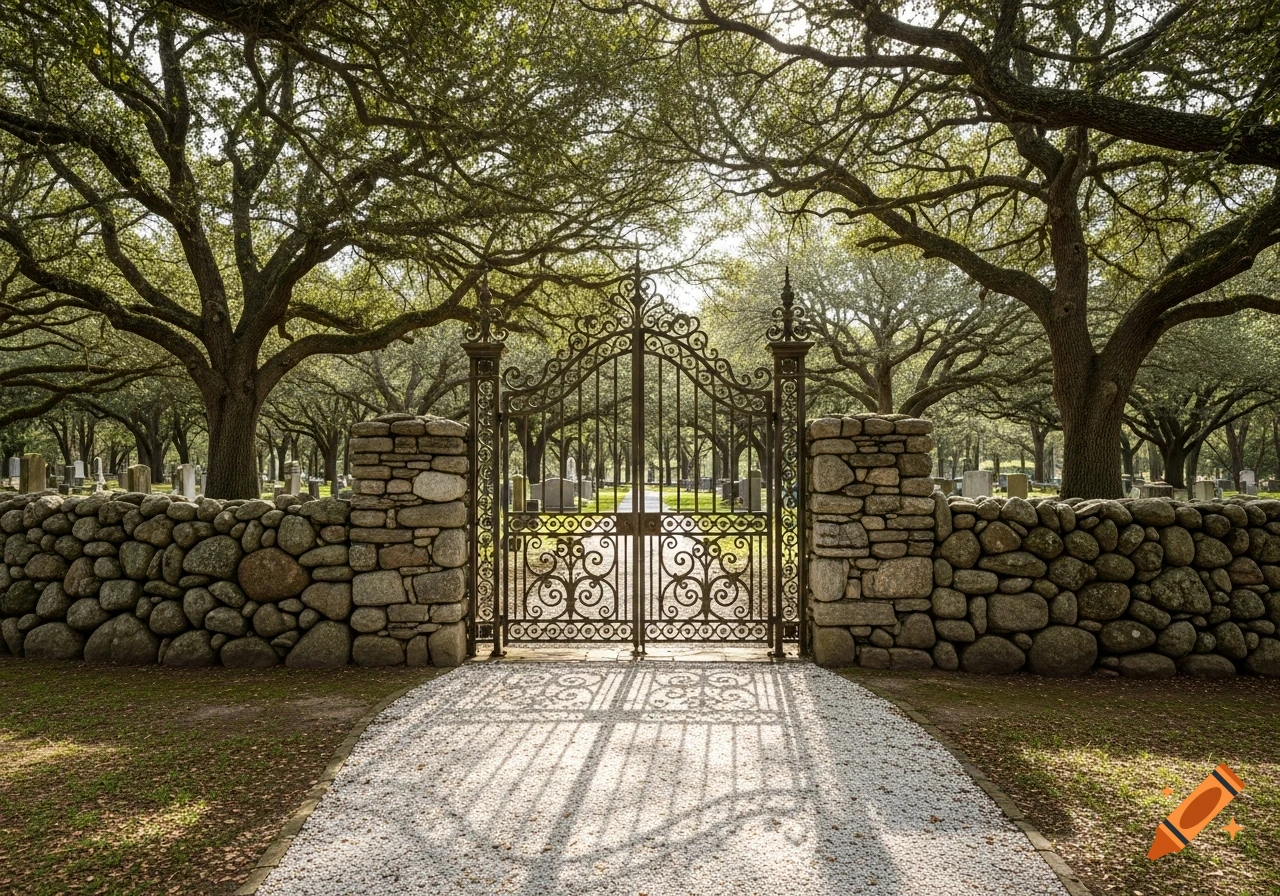 Ornate black iron gate set into a rustic stone wall leading to a cemetery path lined with large trees under dappled sunlight.