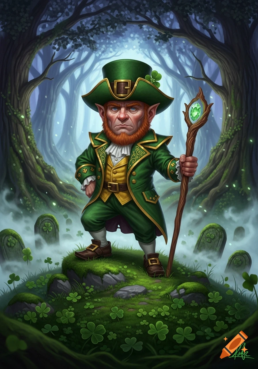 A grumpy leprechaun in a green suit with a tall hat and staff stands on a mossy mound in a misty, magical forest with shamrocks and tombstones.