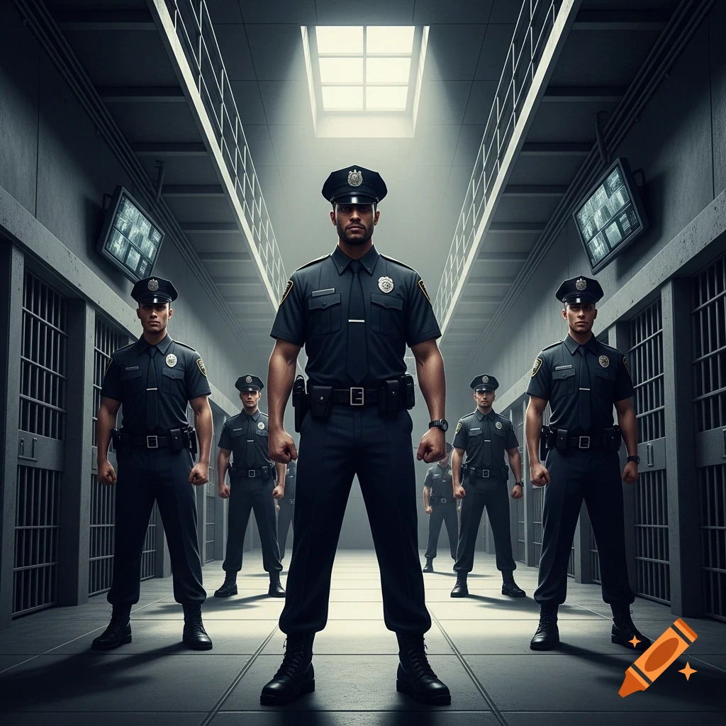 A group of stern-faced men in dark police or prison guard uniforms stand in a wide, high-ceilinged prison hallway with cell doors lining both sides, looking directly forward. Photorealistic style.
