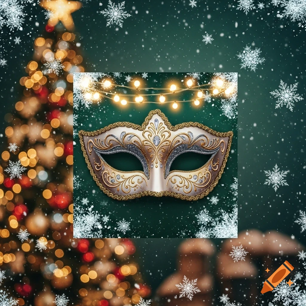 Ornate gold and silver masquerade mask on a dark green snowy background with blurred Christmas tree and string lights.