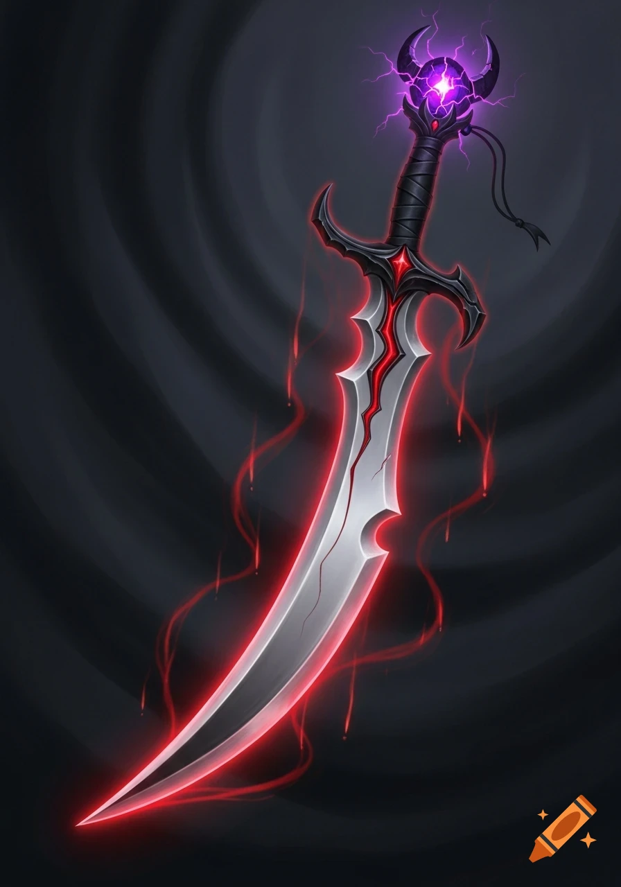 An ornate, dark scimitar with a glowing red blade and a purple, horned pommel emitting lightning, set against a shadowy background.
