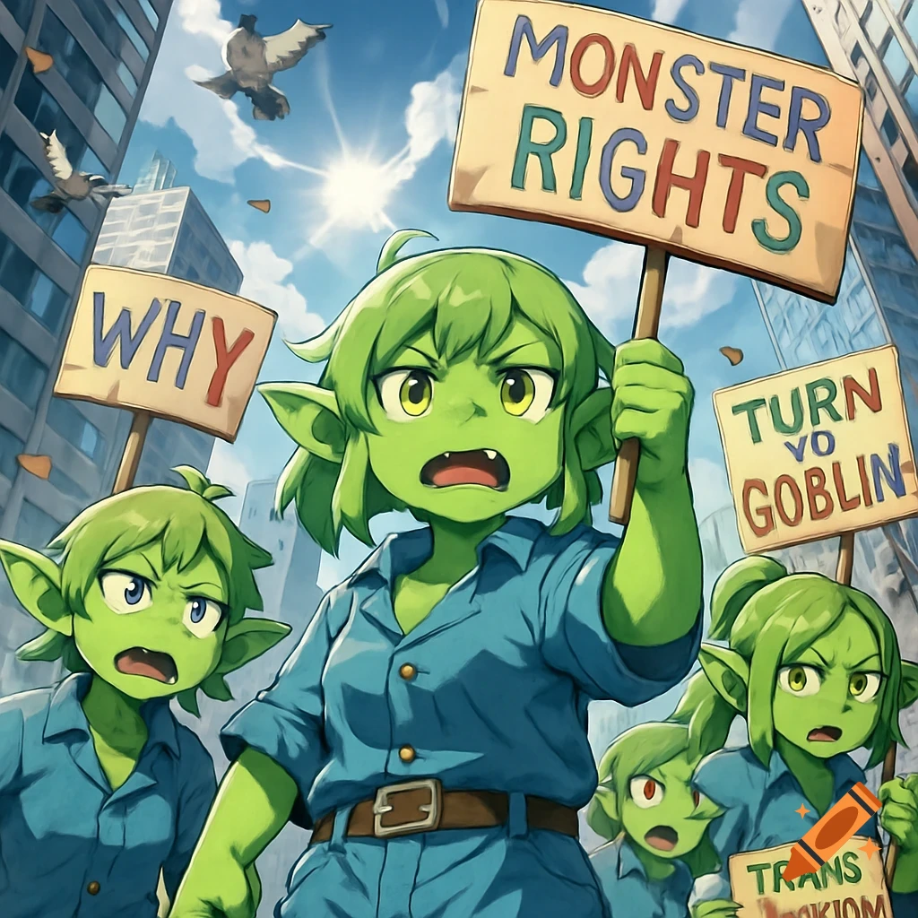 Anime-style green goblins in blue work shirts protest in a city street, holding signs saying "MONSTER RIGHTS," "WHY," and "TURN VO GOBLIN."
