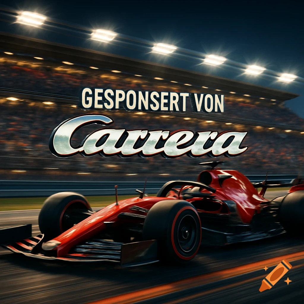 A red Formula 1 car speeding on a track at night, with a stadium in the background and "GESPONSERT VON Carrera" text above.
