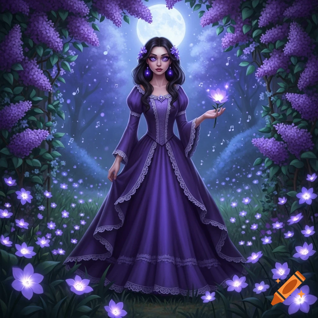 A fantasy woman in a purple dress holds a glowing flower in a magical ...