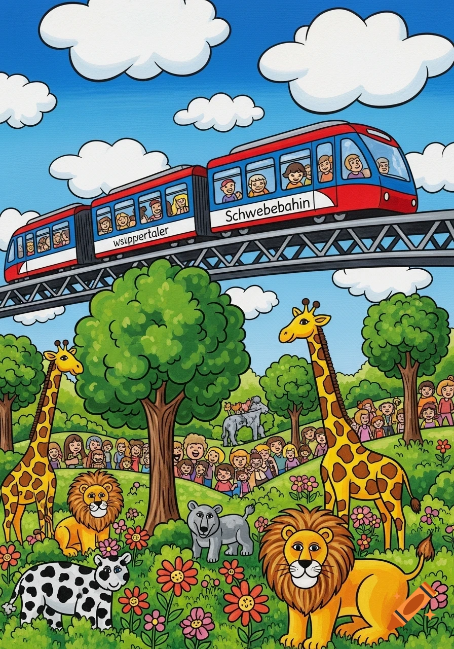 A colorful cartoon drawing in a childlike style of a zoo scene with giraffes, lions, people, and a monorail train overhead against a blue sky with clouds.