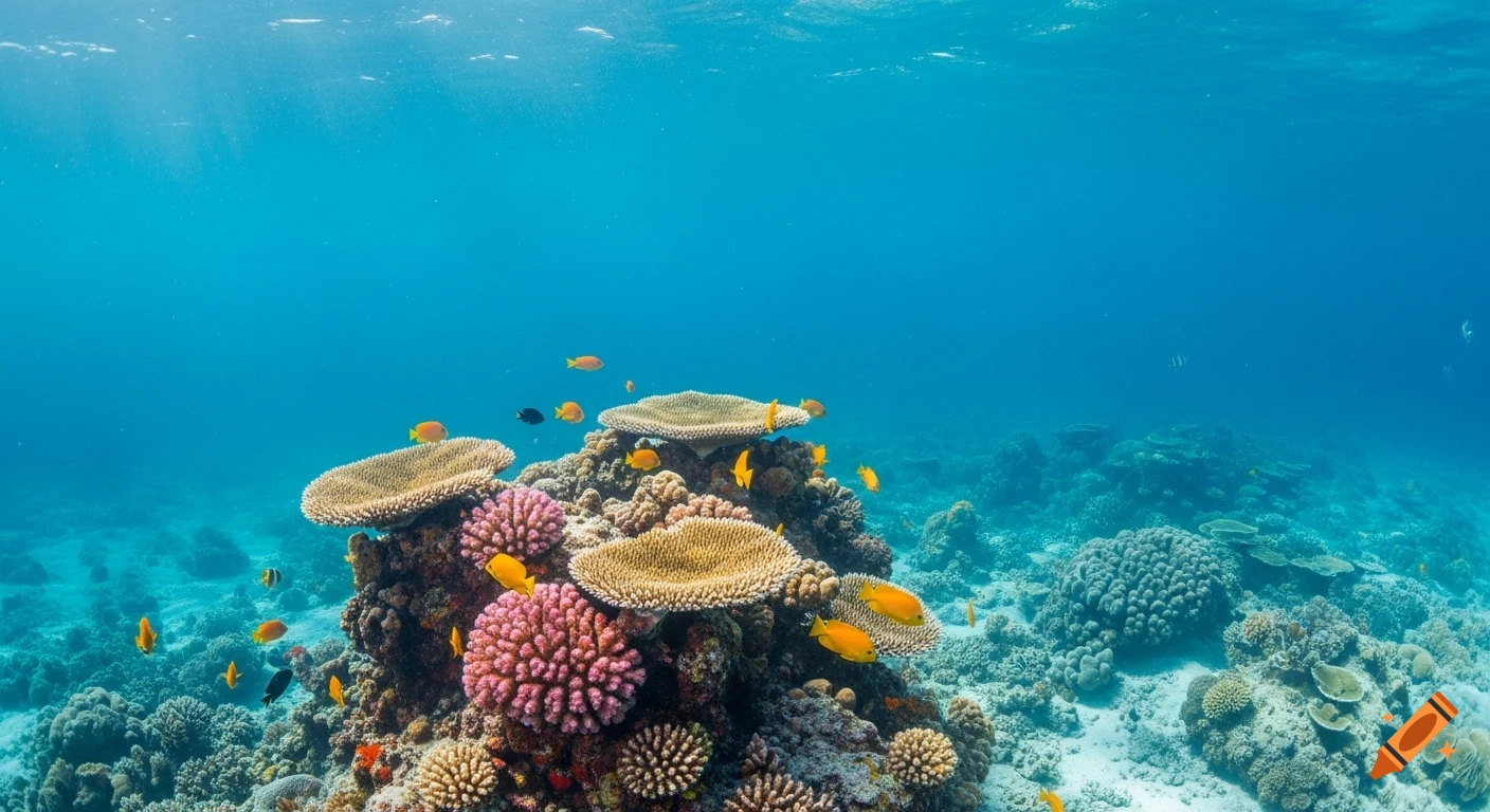 Vibrant coral reef teeming with colorful fish under clear turquoise water, with sunrays piercing the surface.