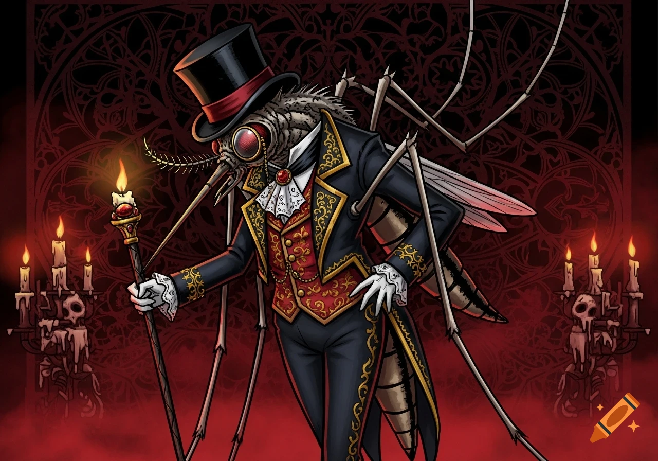 Highly detailed mosquito aristocrat in a top hat and suit, holding a lit candle on a staff against a red and black gothic background.
