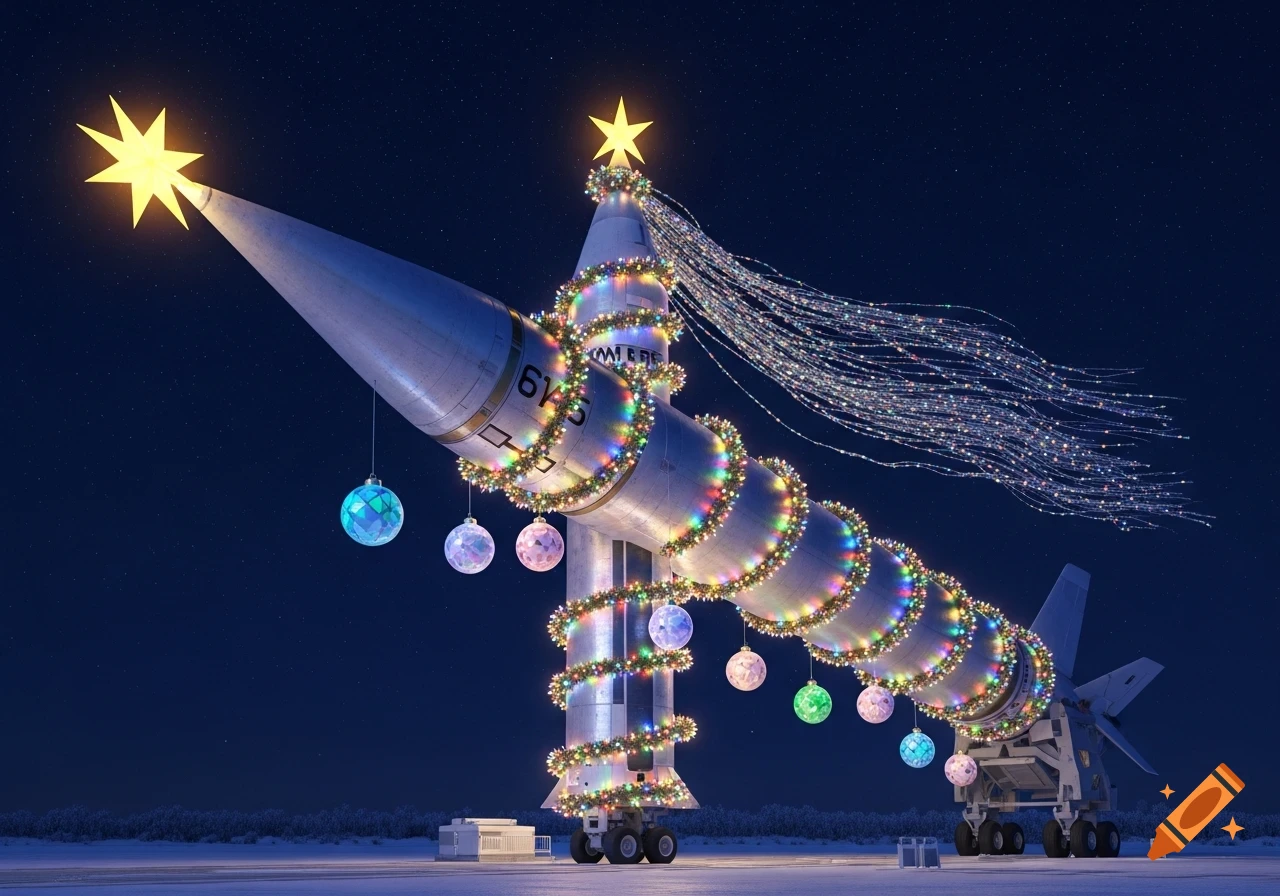 A large gray missile is decorated with colorful Christmas lights, ornaments, and two yellow stars, set against a dark blue night sky.