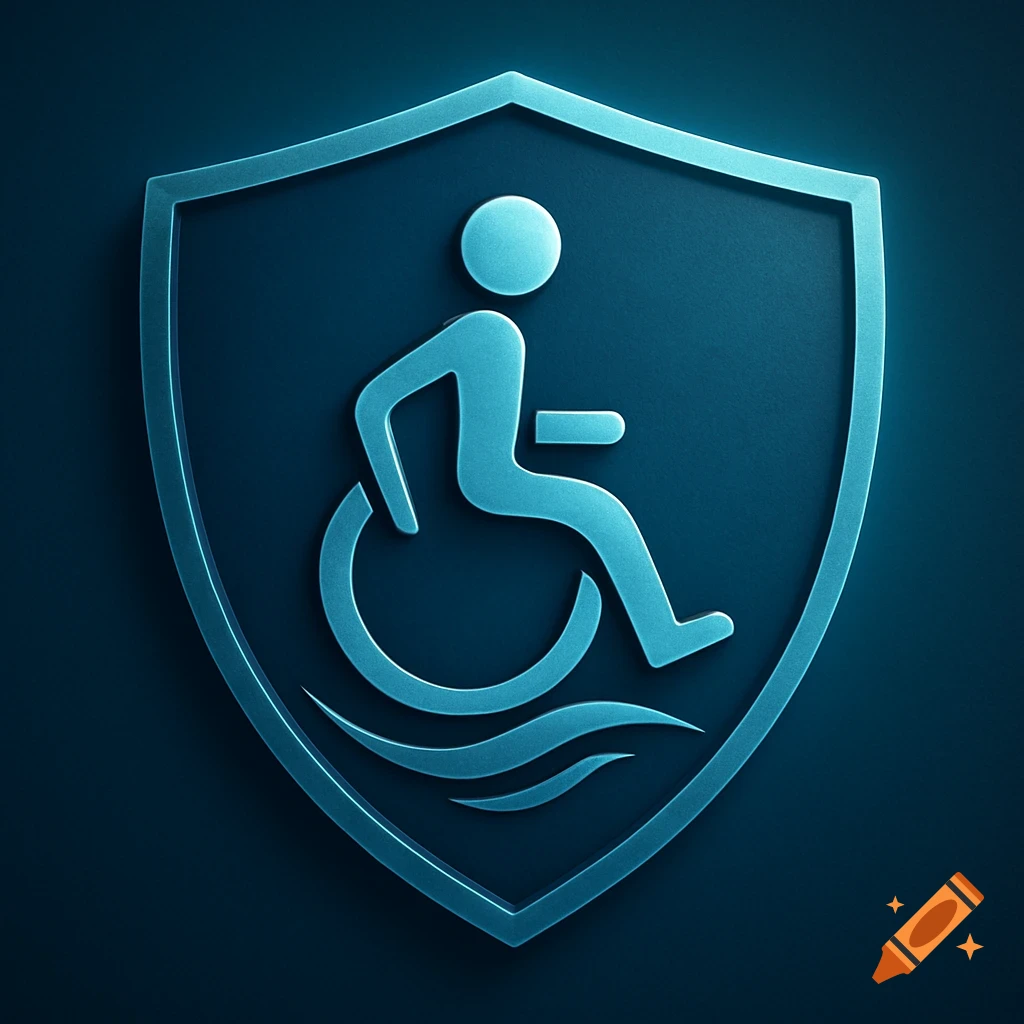 A blue metallic shield features a light blue symbol of a person in a wheelchair, with two wavy lines beneath it, against a dark blue background.