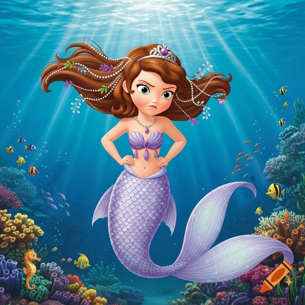Grumpy Sofia the First mermaid with hands on hips, underwater in a vibrant coral reef with fish, cartoon illustration.
