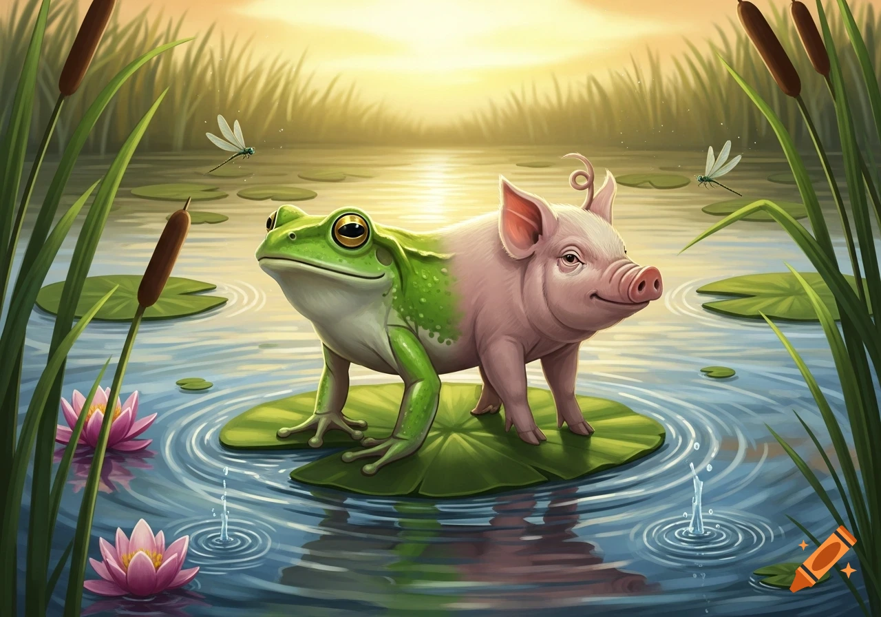 A whimsical illustration of a half-frog, half-pig creature sitting on a lily pad in a sunlit pond with cattails and pink water lilies.