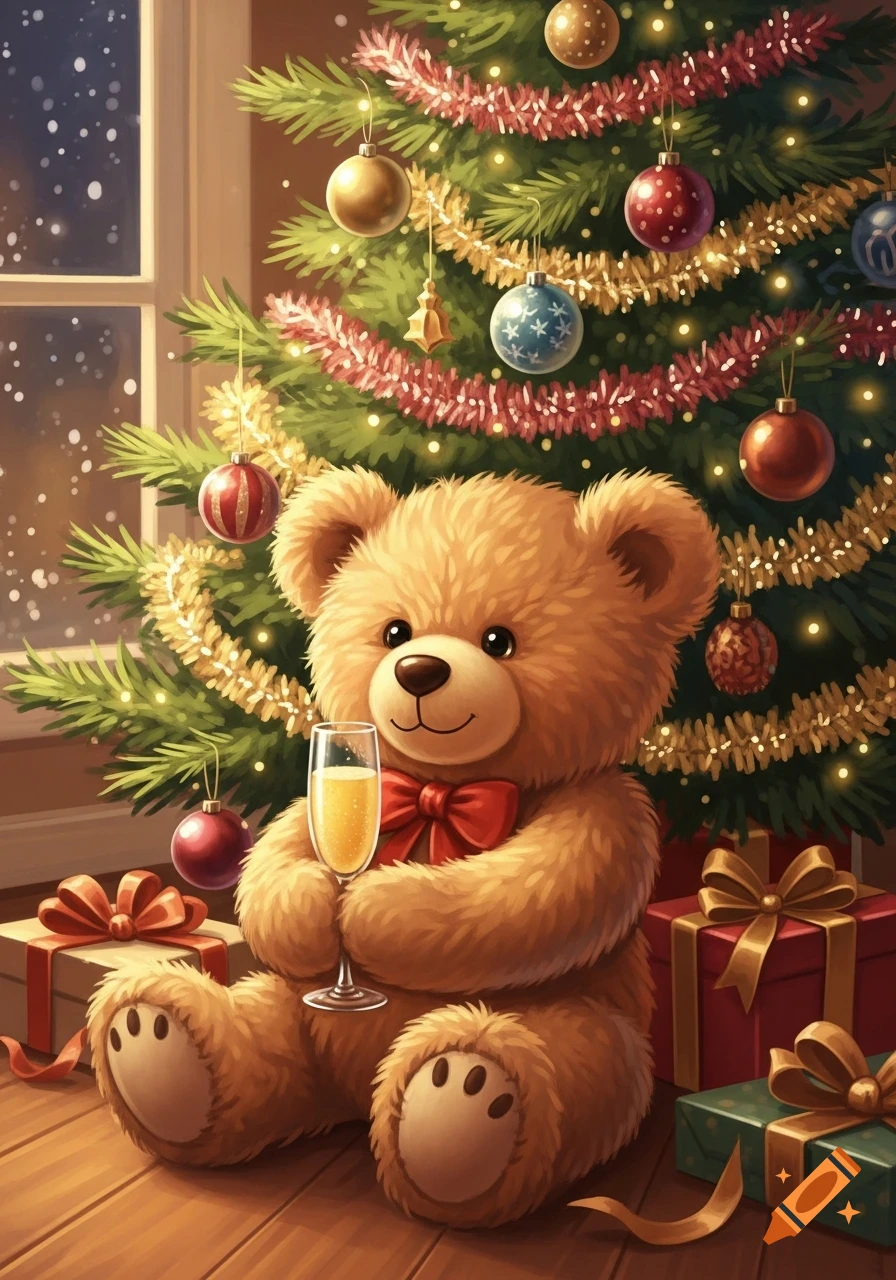 A cute teddy bear with a red bow tie sips a mimosa under a festive Christmas tree, surrounded by wrapped gifts as snow falls outside.