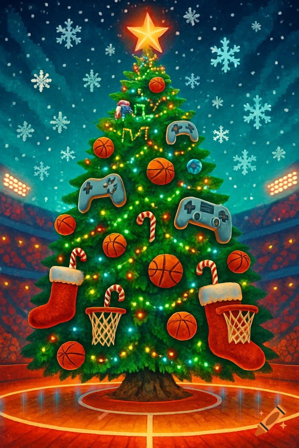 A festive Christmas tree decorated with basketballs, game controllers, and stockings, standing on a basketball court under a snowy sky in an arena.