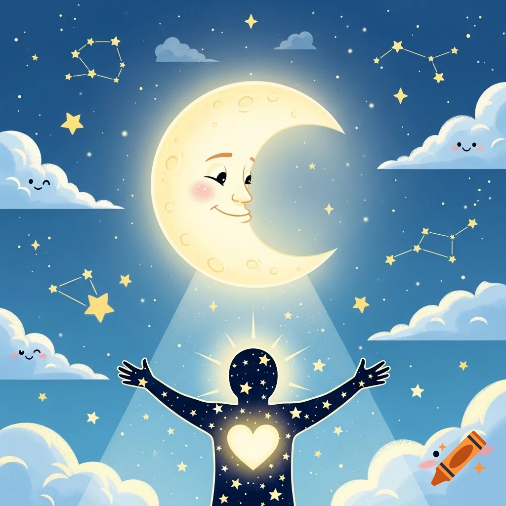 A cartoon night sky with a smiling crescent moon, happy clouds, constellations, and a starry human silhouette with a glowing heart.