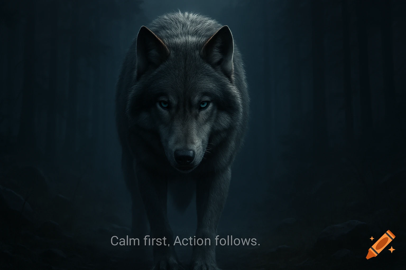 A hyperrealistic dark grey wolf with glowing blue eyes stares intensely from a misty forest, with text "Calm first, Action follows." at the bottom.